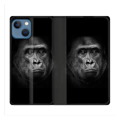 Housse Cuir Portefeuille Pour Iphone 14 Plus (6.7) Animal Gorille Noir