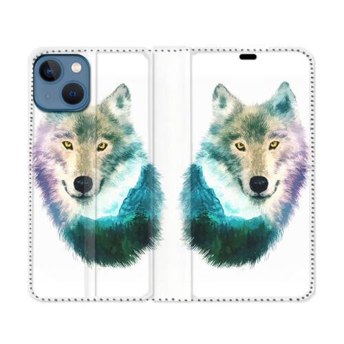 Housse Cuir Portefeuille Pour Iphone 14 Pro (6.1) Animal Loup Montagne