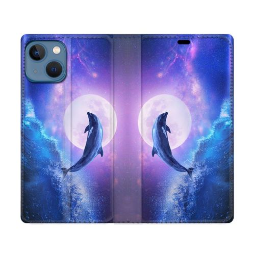 Housse Cuir Portefeuille Pour Iphone 14 Plus (6.7) Animal Dauphin Vague