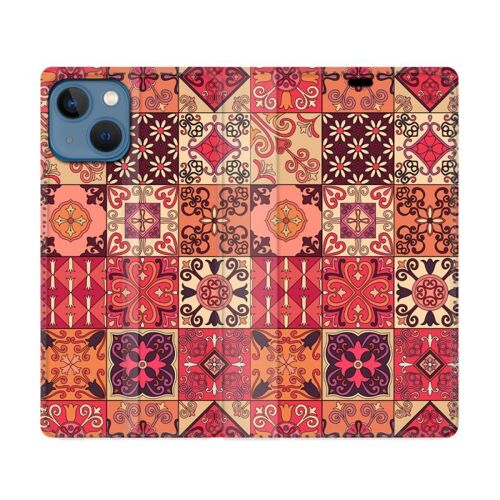 Housse Cuir Portefeuille Pour Iphone 14 Plus (6.7) Texture Carreau Ciment Rouge