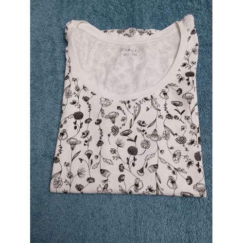 Tee Shirt Camaïeu Essentiel - Blanc Motif Fleurs Noir - Femme - Taille L
