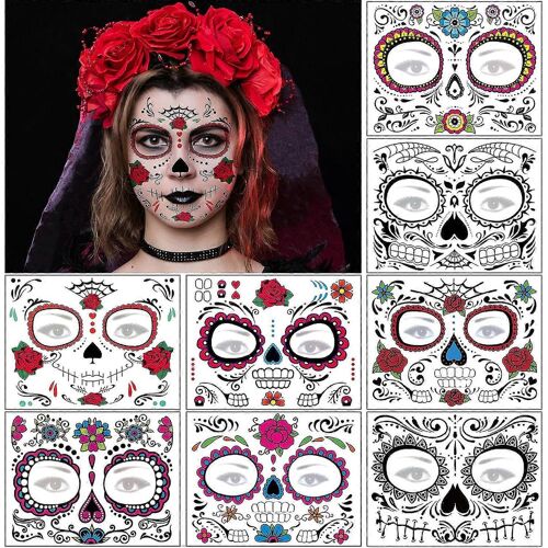 Day Of The Dead Face Tattoos - 8 Sheets Halloween Temporary Tattoos Face Stickers Kit Da De Los Muertos Glitter Red Roses Skeleton Sugar Skull Fake Ta