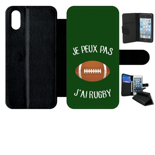 Etui a rabat - Je peux pas j ai rugby ballon fond vert - compatible avec apple iPhone Xs - Plastique - bord Noir