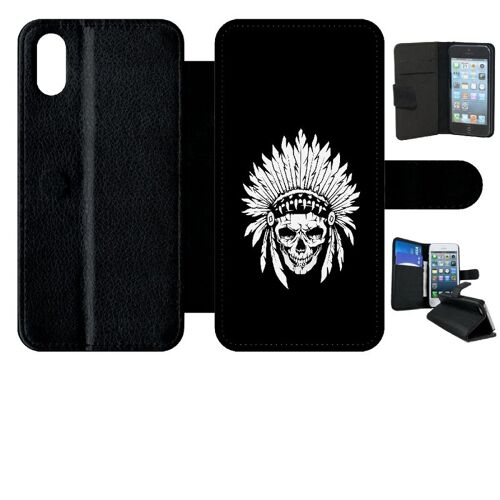 Etui A Rabat - Tete De Mort Coiffe Indienne Noir Et Blanc - Compatible Avec Apple Iphone X - Simili-Cuir - Bord Noir