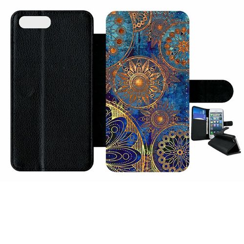 Etui A Rabat - Ornements Or Et Bleu Nuit - Compatible Avec Apple Iphone 7+ - Simili-Cuir - Bord Noir