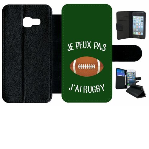 Etui à rabat galaxy a3 (2017) - je peux pas j ai rugby ballon fond vert - simili-cuir - noir