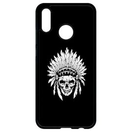 Coque Pour Smartphone - Tete De Mort Coiffe Indienne Noir Et Blanc - Compatible Avec Huawei P20 Lite - Plastique - Bord Noir