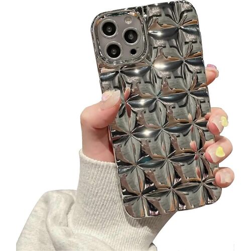 pour iPhone 14 Pro Max Coque Mignon Argent 3D Damier Bling Esthétique Doux TPU Antichoc Coque de téléphone pour Femmes Adolescentes Filles Enfants Filles - 6,7 pouces