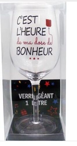 Verre À Vin Géant - 1 Litre - C'est L'heure De Ma Dose De Bonheur