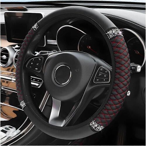 Housse De Volant En Cuir Souple Bling, 15 Pouces Coloré Strass Protecteur De Volant Élastique Automatique, Diamant Cristal Scintillant (Noir / Rouge)