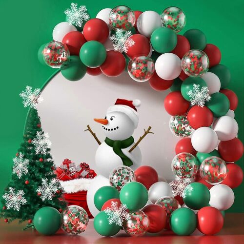 Joyeux Noël ballons arche guirlande kit, 110 pièces Noël rouge blanc vert confettis ballons avec flocons de neige suspendus pour Noël