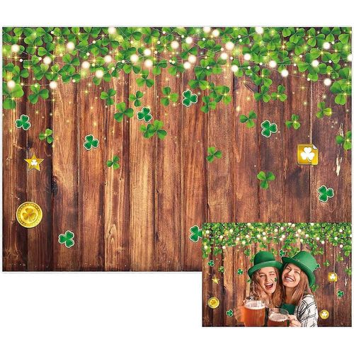 7x5ft Saint-Patrick Toile de fond Glitter Rustique Bois Vert Lucky Shamrock Pièces d'or Photographie Fond pour les enfants Nouveau-né Baby Shower Anniversaire Partie