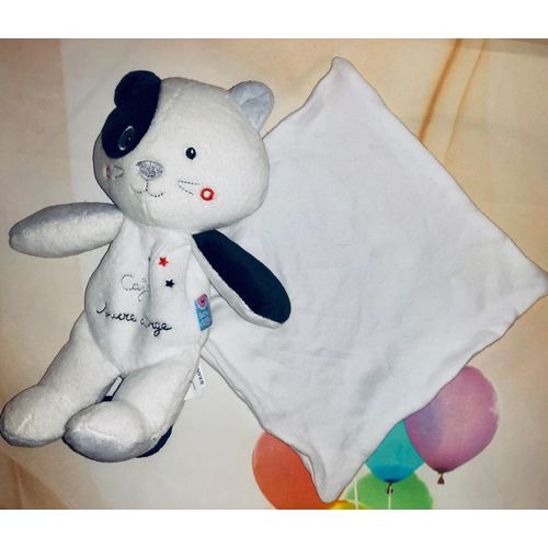 Doudou chat noir et blanc poisson rouge cajou mouchoir sucre d'orge