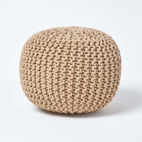 Pouf rond tressé en tricot - Beige