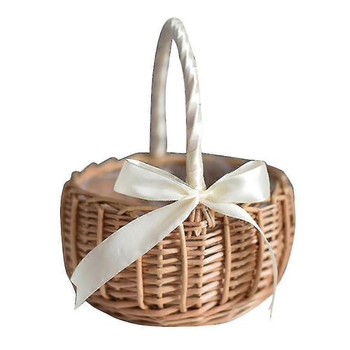Panier De Fleurs Tissé En Osier, Avec Poignée Et Ruban Blanc, Paniers De Fleurs De Mariage, Pour Gars À La Maison