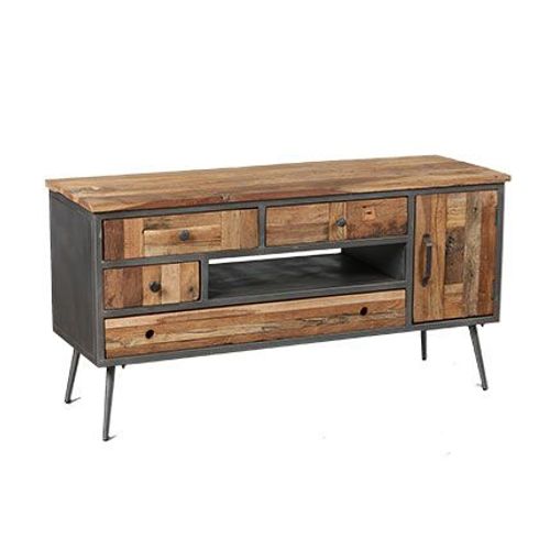 Meuble Tv 1 Porte Et 4 Tiroirs En Bois Et Métal Gris - Oakland