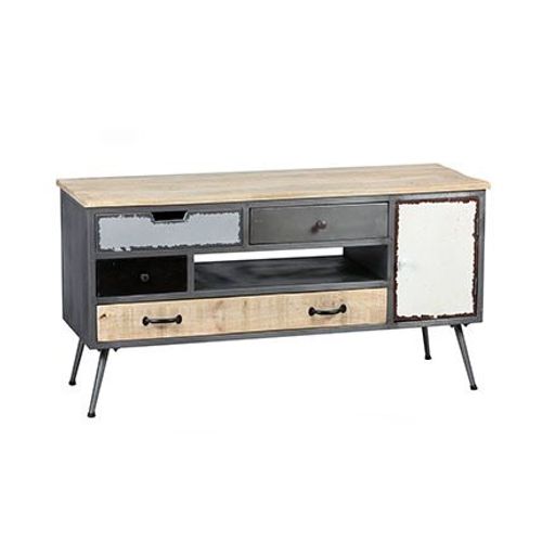 Meuble Tv 4 Tiroirs 1 Porte En Acier Et Bois Massif - Tudal