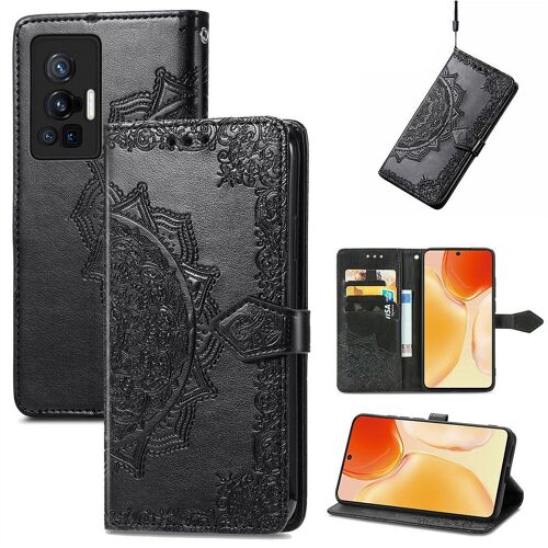 Saturcase Coque Pour Vivo X70 Pro, Mandala Gaufrage Pu Cuir Magnétique Flip Portefeuille Support Porte-Carte Protecteur Housse Étui Avec Dragonne Pour Vivo X70 Pro (Noir)