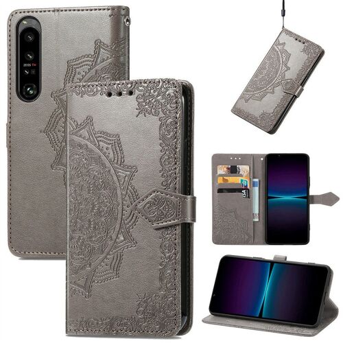 Saturcase Coque Pour Sony Xperia 1 Iv 2022, Mandala Gaufrage Pu Cuir Magnétique Flip Portefeuille Support Porte-Carte Protecteur Housse Étui Avec Dragonne Pour Sony Xperia 1 Iv 2022 (Gris)