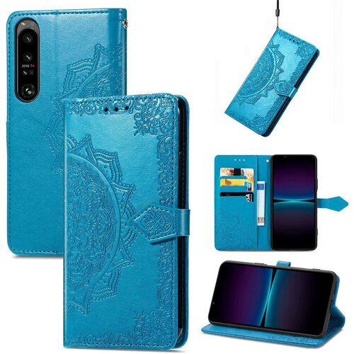 Saturcase Coque Pour Sony Xperia 1 Iv 2022, Mandala Gaufrage Pu Cuir Magnétique Flip Portefeuille Support Porte-Carte Protecteur Housse Étui Avec Dragonne Pour Sony Xperia 1 Iv 2022 (Bleu)
