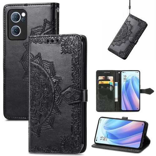 Saturcase Coque Pour Oppo Find X5 Lite / Reno 7 5g, Mandala Gaufrage Pu Cuir Magnétique Flip Portefeuille Support Porte-Carte Housse Étui Avec Dragonne Pour Oppo Find X5 Lite / Reno 7 5g (Noir)