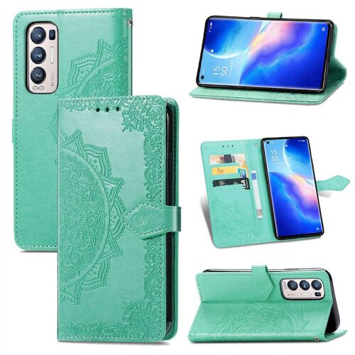 Saturcase Coque Pour Oppo Reno 5 Pro Plus, Mandala Gaufrage Pu Cuir Magnétique Flip Portefeuille Support Porte-Carte Protecteur Housse Étui Avec Dragonne Pour Oppo Reno 5 Pro Plus (Vert)