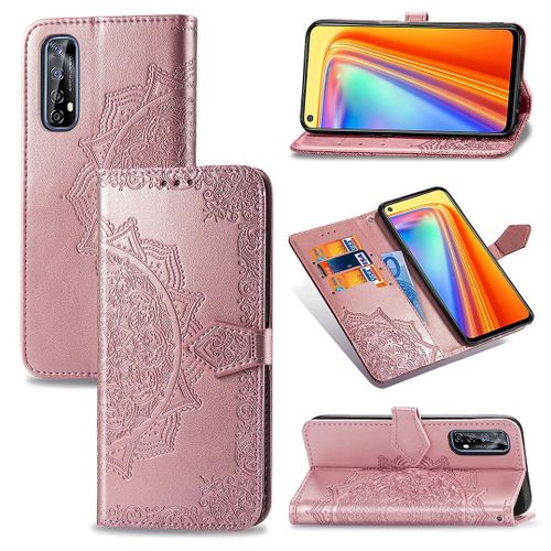 Saturcase Coque Pour Realme 7, Mandala Gaufrage Pu Cuir Magnétique Flip Portefeuille Support Porte-Carte Protecteur Housse Étui Avec Dragonne Pour Realme 7 (Or Rose)