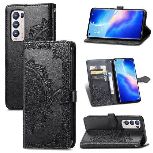 Saturcase Coque Pour Oppo Reno 5 Pro Plus, Mandala Gaufrage Pu Cuir Magnétique Flip Portefeuille Support Porte-Carte Protecteur Housse Étui Avec Dragonne Pour Oppo Reno 5 Pro Plus (Noir)