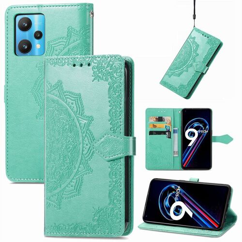 Saturcase Coque Pour Realme 9 Pro Plus, Mandala Gaufrage Pu Cuir Magnétique Flip Portefeuille Support Porte-Carte Protecteur Housse Étui Avec Dragonne Pour Realme 9 Pro Plus (Vert)