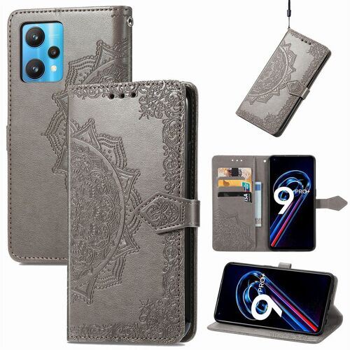 Saturcase Coque Pour Realme 9 Pro Plus, Mandala Gaufrage Pu Cuir Magnétique Flip Portefeuille Support Porte-Carte Protecteur Housse Étui Avec Dragonne Pour Realme 9 Pro Plus (Gris)