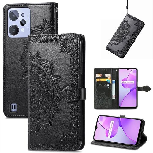Saturcase Coque Pour Realme C31, Mandala Gaufrage Pu Cuir Magnétique Flip Portefeuille Support Porte-Carte Protecteur Housse Étui Avec Dragonne Pour Realme C31 (Noir)