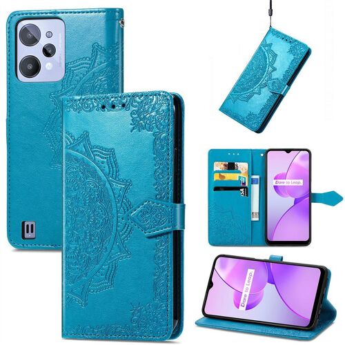 Saturcase Coque Pour Realme C31, Mandala Gaufrage Pu Cuir Magnétique Flip Portefeuille Support Porte-Carte Protecteur Housse Étui Avec Dragonne Pour Realme C31 (Bleu)
