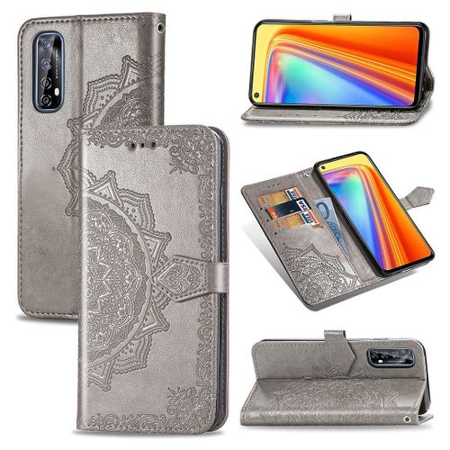Saturcase Coque Pour Realme 7, Mandala Gaufrage Pu Cuir Magnétique Flip Portefeuille Support Porte-Carte Protecteur Housse Étui Avec Dragonne Pour Realme 7 (Gris)