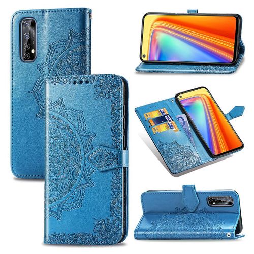 Saturcase Coque Pour Realme 7, Mandala Gaufrage Pu Cuir Magnétique Flip Portefeuille Support Porte-Carte Protecteur Housse Étui Avec Dragonne Pour Realme 7 (Bleu)