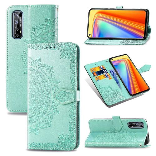 Saturcase Coque Pour Realme 7, Mandala Gaufrage Pu Cuir Magnétique Flip Portefeuille Support Porte-Carte Protecteur Housse Étui Avec Dragonne Pour Realme 7 (Vert)