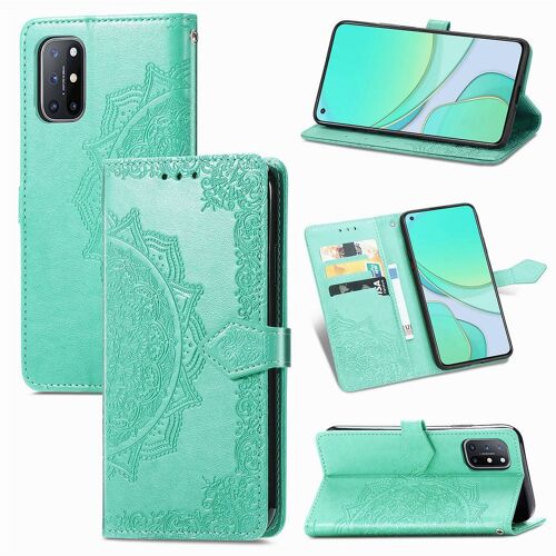 Saturcase Coque Pour Oneplus 8t, Mandala Gaufrage Pu Cuir Magnétique Flip Portefeuille Support Porte-Carte Protecteur Housse Étui Avec Dragonne Pour Oneplus 8t (Vert)