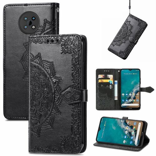 Saturcase Coque Pour Nokia G50, Mandala Gaufrage Pu Cuir Magnétique Flip Portefeuille Support Porte-Carte Protecteur Housse Étui Avec Dragonne Pour Nokia G50 (Noir)