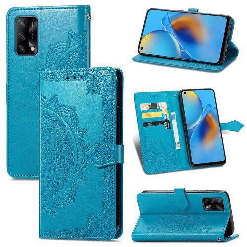 Saturcase Coque Pour Oppo A74 4g / F19 / Reno6 Lite, Mandala Gaufrage Pu Cuir Magnétique Flip Portefeuille Support Porte-Carte Housse Étui Avec Dragonne Pour Oppo A74 4g / F19 / Reno6 Lite (Bleu)
