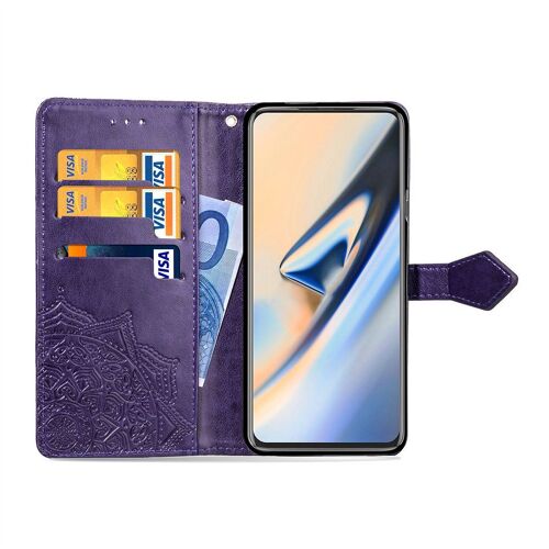Saturcase Coque Pour Oneplus 7 Pro, Mandala Gaufrage Pu Cuir Magnétique Flip Portefeuille Support Porte-Carte Protecteur Housse Étui Avec Dragonne Pour Oneplus 7 Pro (Violet)