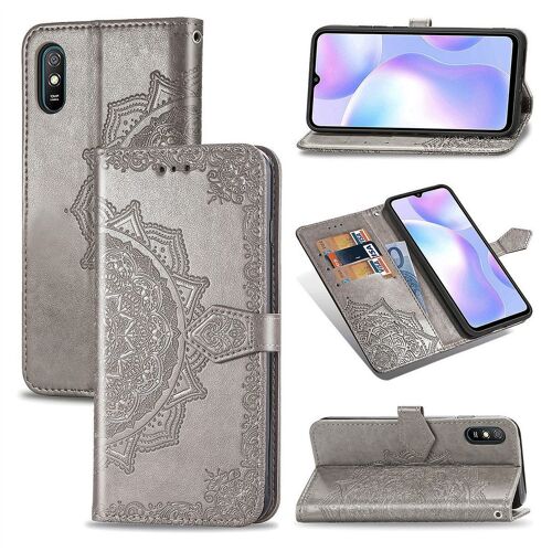 Saturcase Coque Pour Xiaomi Redmi 9a, Mandala Gaufrage Pu Cuir Magnétique Flip Portefeuille Support Porte-Carte Protecteur Housse Étui Avec Dragonne Pour Xiaomi Redmi 9a (Gris)