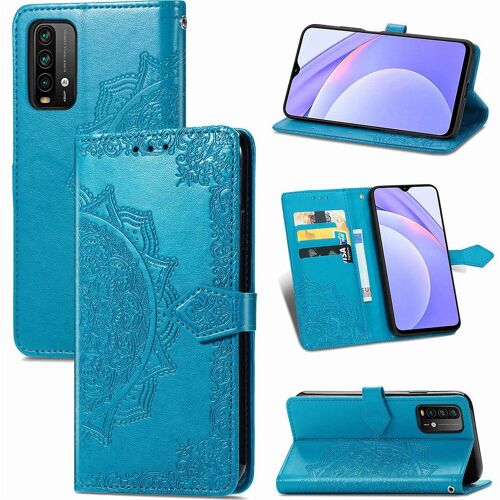 Saturcase Coque Pour Xiaomi Redmi Note 9, Mandala Gaufrage Pu Cuir Magnétique Flip Portefeuille Support Porte-Carte Protecteur Housse Étui Avec Dragonne Pour Xiaomi Redmi Note 9 (Bleu)