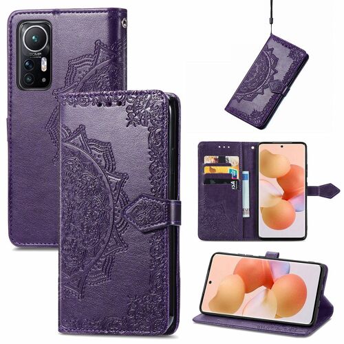 Saturcase Coque Pour Xiaomi 12 12s 12x, Mandala Gaufrage Pu Cuir Magnétique Flip Portefeuille Support Porte-Carte Protecteur Housse Étui Avec Dragonne Pour Xiaomi 12 12s 12x (Violet)