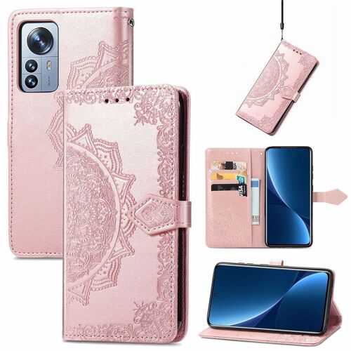 Saturcase Coque Pour Xiaomi 12 Pro / 12s Pro, Mandala Gaufrage Pu Cuir Magnétique Flip Portefeuille Support Porte-Carte Protecteur Housse Étui Avec Dragonne Pour Xiaomi 12 Pro / 12s Pro (Or Rose)