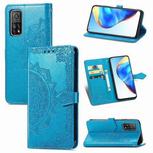 Saturcase Coque Pour Xiaomi Mi 10t / Mi 10t Pro, Mandala Gaufrage Pu Cuir Magnétique Flip Portefeuille Support Porte-Carte Housse Étui Avec Dragonne Pour Xiaomi Mi 10t / Mi 10t Pro (Bleu)