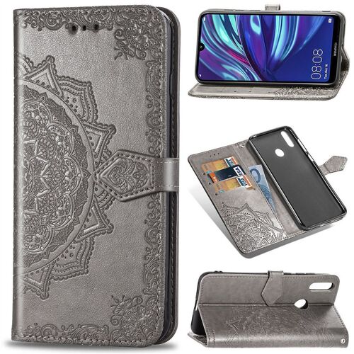 Saturcase Coque Pour Huawei Y7 2019, Mandala Gaufrage Pu Cuir Magnétique Flip Portefeuille Support Porte-Carte Protecteur Housse Étui Avec Dragonne Pour Huawei Y7 2019 (Gris)