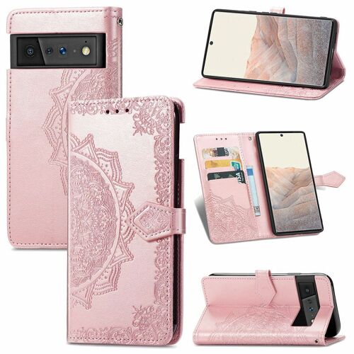 Saturcase Coque Pour Google Pixel 6, Mandala Gaufrage Pu Cuir Magnétique Flip Portefeuille Support Porte-Carte Protecteur Housse Étui Avec Dragonne Pour Google Pixel 6 (Or Rose)