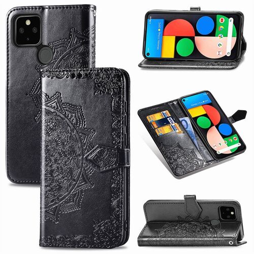 Saturcase Coque Pour Google Pixel 5 Xl, Mandala Gaufrage Pu Cuir Magnétique Flip Portefeuille Support Porte-Carte Protecteur Housse Étui Avec Dragonne Pour Google Pixel 5 Xl (Noir)