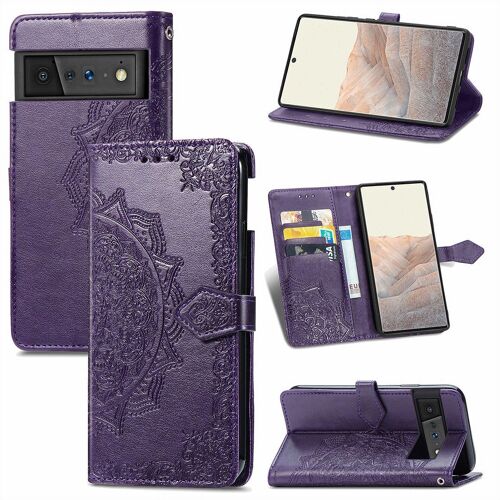 Saturcase Coque Pour Google Pixel 6 Pro, Mandala Gaufrage Pu Cuir Magnétique Flip Portefeuille Support Porte-Carte Protecteur Housse Étui Avec Dragonne Pour Google Pixel 6 Pro (Violet)
