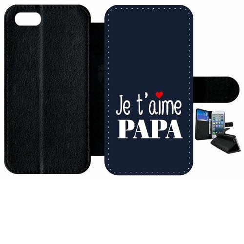 Etui A Rabat - Je T Aime Papa Fond Bleu - Compatible Avec Apple Iphone 7 - Simili-Cuir - Bord Noir