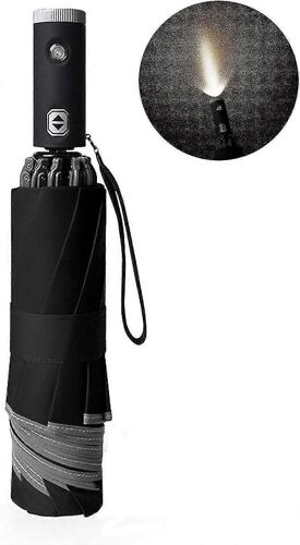 Mode Parapluie réfléchissant d¿affaires automatique avec lampe de poche LED$ Alliage d'aluminium Led Parapluie de voyage réfléchissant $ Parapluie pliant automatique Led Refl